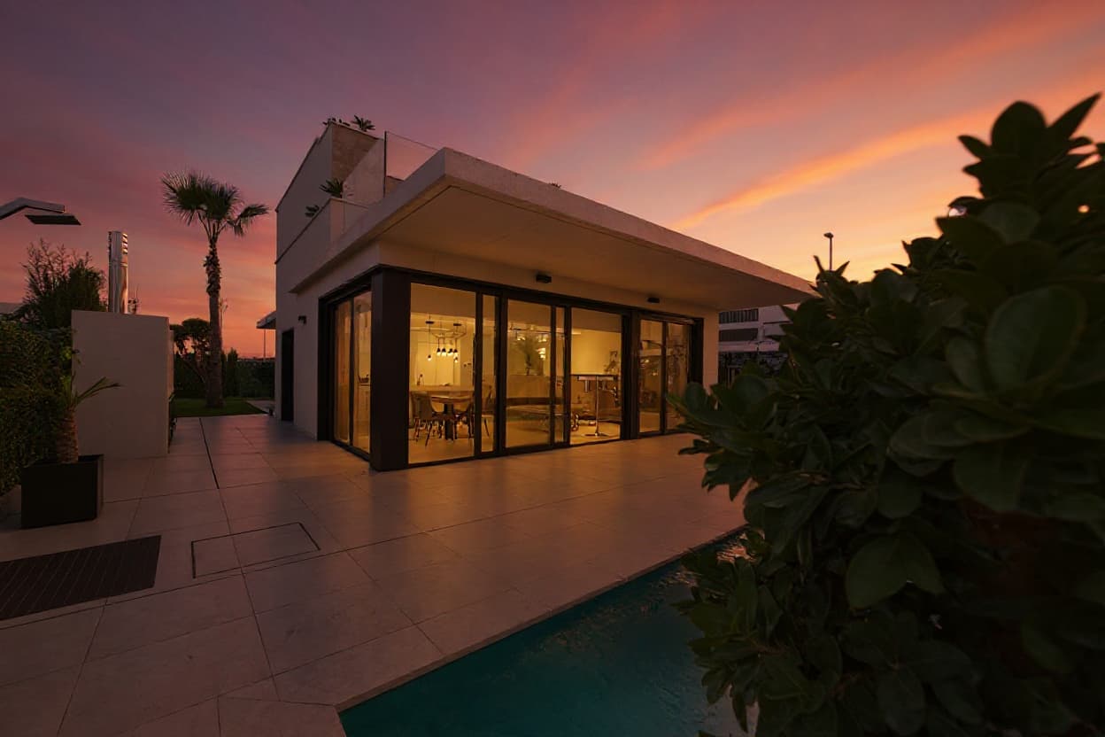 House exterior converted to a warm twilight scene
