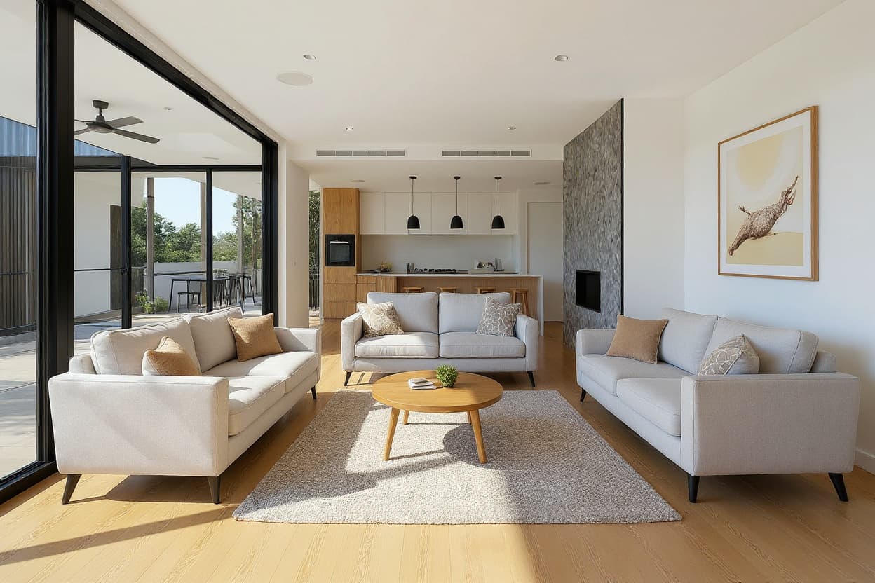 The same living room, virtually staged in a Scandinavian style